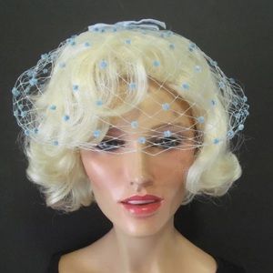 Vintage 1960s Light Blue Chenille Nest Fascinator with Velvet Bows